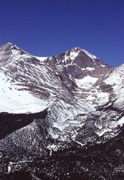Snowpack accumulation at 14,255 ft. on Longs Peak in Rocky Mountain National Park (photo courtesy of USDA).