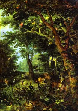 Paradise by Jan Brueghel the Younger (c. 1620). Oil on oak. Gem䬤egalerie, Berlin, Germany