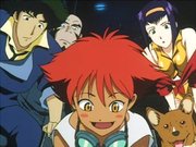 The crew of the Bebop. From left to right: Spike, Jet, Ed, Faye, and Ein (the dog)