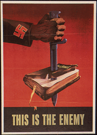 U.S. propaganda poster, depicting a Nazi stabbing a Bible.