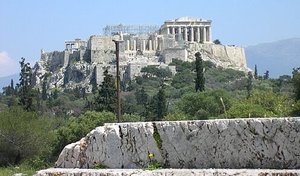 The speaker's platform at the Pnyx, with the Acropolis in the background.