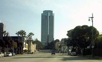 At the southern end of Century City, Fox Plaza towers over the nearby neighborhoods.