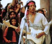 Jimi Hendrix at Woodstock with a 1969 Stratocaster -- a right-handed model played left-handed, with the strings in the standard order relative to the guitarist.