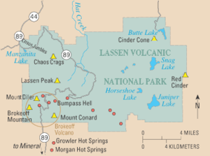 Map of Lassen area showing hydrothermal features (red dots) and volcanic feature or remnant (yellow cones). Also shown is the outline of Brokeoff Volcano.