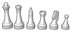 From left to right: King, Queen, Bishop, Rook, Knight, and Pawn