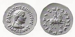 A silver tetradrachm of the  king  (100-95 BCE), with front legend in  and reverse legend in the Kharoshthi script.