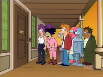 From left to right: Leela, Amy, Professor Farnsworth, Fry, Dr. Zoidberg, Bender, and Hermes.