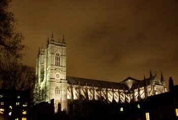 The Abbey at night, from Dean's Yard. Artificial light reveals the  formed by .