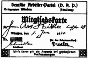 Adolf Hitler's membership card for the German Workers' Party. Hitler wanted to create his own party, but was ordered by his superiors in the Reichswehr to infiltrate an existing one instead.