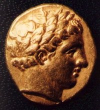 Celtic coin, copy from a gold stater of Philip II with portrait of Apollo