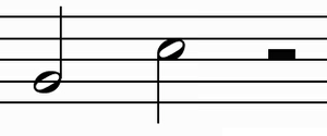Figure 1. A half note with stem facing up, a half note with stem facing down, and a half rest.