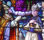 Pope Pius XI invokes the blessing of Saint Joseph, patron of the Universal Church, on Msgr. Alencastre, in a window in the Cathedral of Our Lady of Peace, Honolulu.