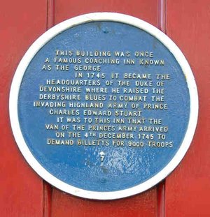 The official Blue Plaque on the outside of Jorrocks, confirming the historical connection with Bonnie Prince Charlie