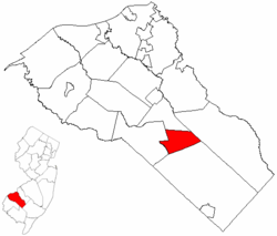 Clayton Borough highlighted in Gloucester County. Inset map: Gloucester County highlighted in the State of New Jersey.