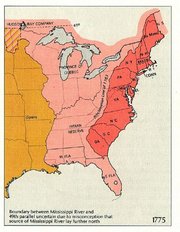 In 1775, the  claimed authority over both the red and pink areas on this map and  ruled the orange west of the .  The red area is the area of the 13 colonies after the Proclamation of 1763. (Map produced by U.S. Dept. of Interior.)