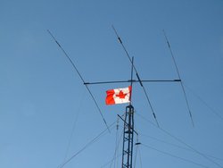 A Yagi-Uda antenna.  From left to right, the elements mounted on the boom are called the reflector, driven element, director.