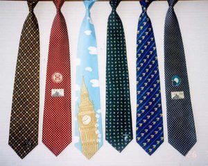 Modern neckties, shown here tied as if they were on a person, may be found in a plethora of colours and designs.
