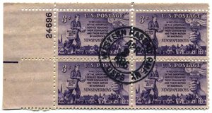A plate block of the US  issue of 1952, used many years later