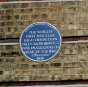 A  blue plaque at , commemorating the launch of  there in .
