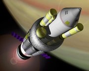 An artist's conception of a spacecraft powered by nuclear pulse propulsion