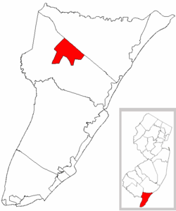Woodbine Borough highlighted in Cape May County. Inset map: Cape May County highlighted in the State of New Jersey.