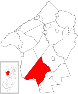 Delaware Township highlighted in Hunterdon County. Inset map: Hunterdon County highlighted in the State of New Jersey.
