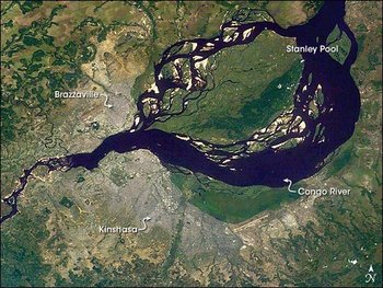 Image of Pool Malebo, as well as the cities of Kinshasa and Brazzaville, taken by NASA