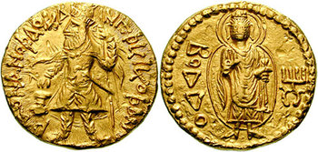 Gold coin of Kanishka I with a  representation of the  (c.120 AD).Obv: Kanishka standing, clad in heavy Kushan coat and long boots, flames emanating from shoulders, holding standard in his left hand, and making a sacrifice over an altar. Kushan-language legend in Greek script: SHAONANOSHAO KANHSHKI KOSHANO ""King of Kings, Kanishka the Kushan".Rev: Standing Buddha in Hellenistic style, forming the gesture of reasurance (abhayamudra) with his right hand, and holding a pleat of his robe in his left hand. Legend in Greek script: BODDO "Buddha". Kanishka monogram (tamgha) to the right.