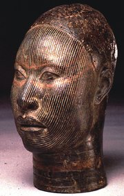 A bronze cast depicting the head of an Ooni, or king, from 1100s-1200s Ife.
