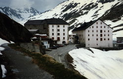 Hospice at the Great St Bernard, with ancient road in foreground.