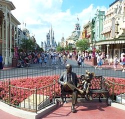 Bronze statues of  and  greet visitors on Main Street.