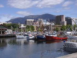 View from the port of the city centre and Mt Wellington
