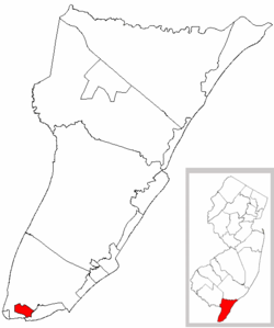 West Cape May Borough highlighted in Cape May County. Inset map: Cape May County highlighted in the State of New Jersey.