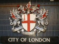 Arms of the City of London flanked by the dragons popularly referred to as griffins