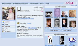 Users of orkut can maintain profiles, keep in touch with friends online and participate in communities, as this screenshot shows.