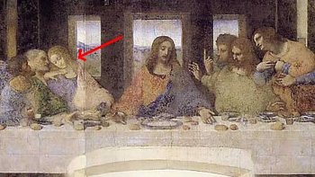 Detail of  by . As explained by Leigh Teabing to Sophie Neveu, the figure at the right hand of  is supposedly not the , but , who was (according to the book) his wife and pregnant with his child. The absence of a chalice in the painting indicates that Da Vinci knew that Mary Magdalene was actually the  (the bearer of Jesus' blood). This is reinforced by the letter "M" that is created with the bodily positions of Jesus, Mary, and the male apostle () upon whom she is leaning. This interpretation would mean that the work was missing an important apostle.