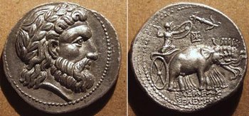Silver coin of Seleucus. Greek inscription reads ΒΑΣΙΛΕΩΣ ΣΕΛΕΥΚΟΥ (king Seleucus).