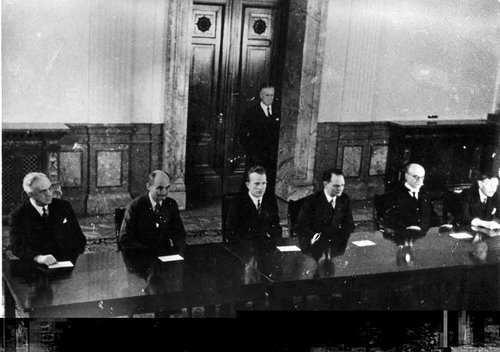 The Nuremberg judges, left to right: , Francis Biddle, , , , 