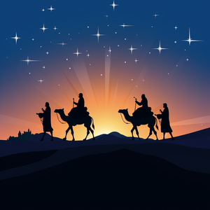  silhouette drawing of the Three Wise Men on camels following the star of Bethlehem