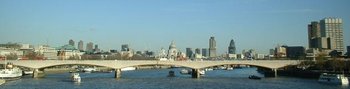 Waterloo Bridge. Showing above the bridge (left to right) are St Pauls Cathedral, Tower 42 and the Swiss Re building (the "Gherkin")
