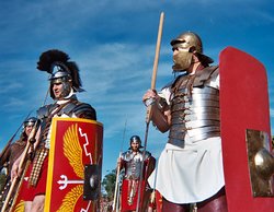 Soldiers reenacting the Roman Army on manoeuvres