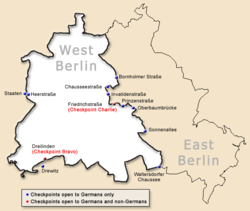 Map of the Berlin Wall, showing crossing points