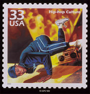 This USPS stamp depicts an '80s breakdancer and a boombox.