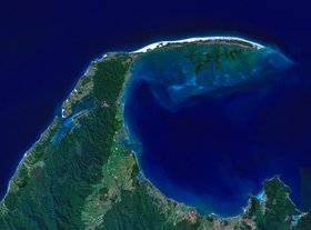Farewell Spit and the long curve of Golden Bay dominate this satellite image (composite Landsat image)
