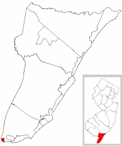 Cape May Point Borough highlighted in Cape May County. Inset map: Cape May County highlighted in the State of New Jersey.