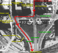 The path used by the motorcade. North is almost directly to the left.