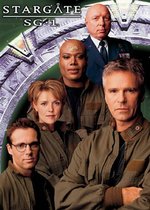 Stargate SG-1 characters. From left to right: Daniel Jackson, Samantha Carter, Teal'c, George Hammond and Jack O'Neill.