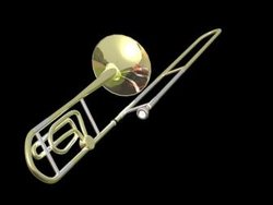 Slide trombone, with slide extended.This model has a B♭ to F attachment.