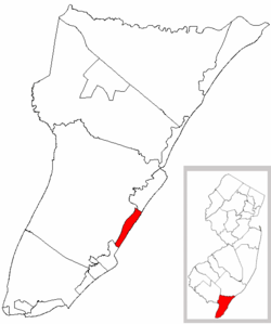 Stone Harbor Borough highlighted in Cape May County. Inset map: Cape May County highlighted in the State of New Jersey.