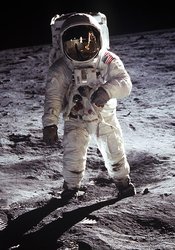 Buzz walks on the surface of the Moon during Apollo 11.